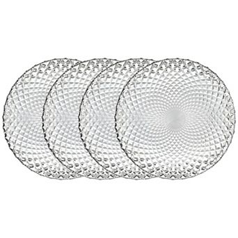 Clear Glass Salad Plate Set of 4, 7.25-Inch Round with Peacock-Inspired Diamond Pattern