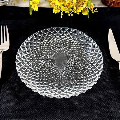 Clear Glass Salad Plate Set of 4, 7.25-Inch Round with Peacock-Inspired Diamond Pattern