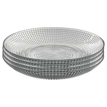 Clear Glass Soup Plate Set of 4, 8-Inch Round with Swirl Pattern and Beaded Detail