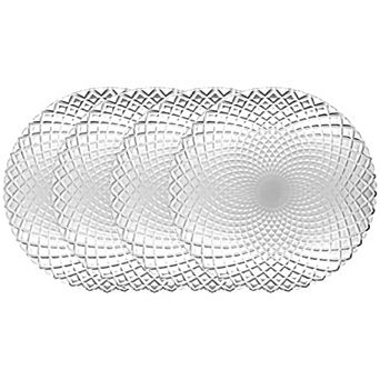 Clear Glass Dinner Plate Set of 4, 10.5-Inch Round with Diamond Pattern and Peacock Detail