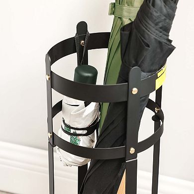 Metal Umbrella Stand with Drip Tray and Hooks for Entryway, Office, or School