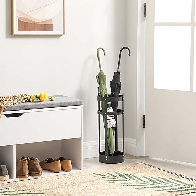 Metal Umbrella Stand with Drip Tray and Hooks for Entryway, Office, or School