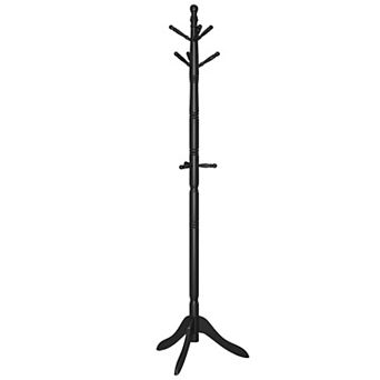 Solid Wood Coat Stand, 9 Hooks and Top Knob, Ink Black, Freestanding Design