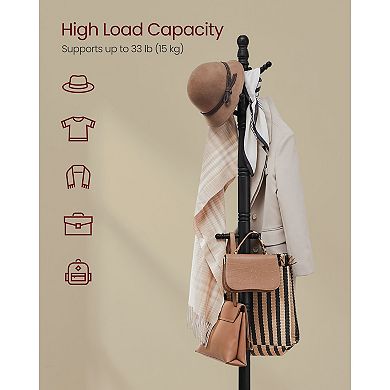 Solid Wood Coat Stand, 9 Hooks and Top Knob, Ink Black, Freestanding Design