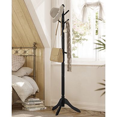 Solid Wood Coat Stand, 9 Hooks and Top Knob, Ink Black, Freestanding Design