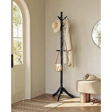Solid Wood Coat Stand, 9 Hooks and Top Knob, Ink Black, Freestanding Design