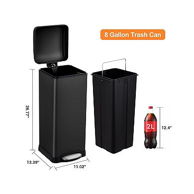 30L Soft-Close Stainless Steel Trash Can, 8 Gal Foot Pedal Bin for Kitchen, Bathroom, Office