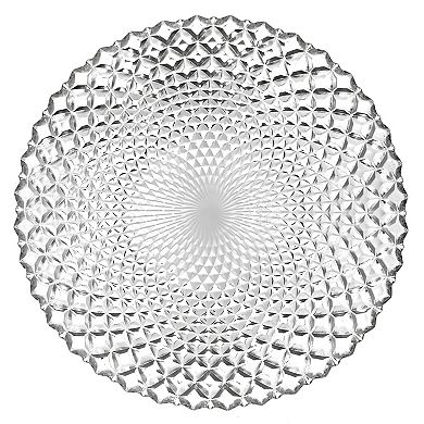 Set of 12 Clear Glass Soup Plates with Diamond Peacock-Inspired Pattern, 8-Inch Round