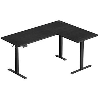 L-Shaped Sit Stand Desk with Charging Station and Casters for Home Office or Workspace