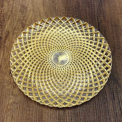 10.5" Round Gold Glass Dinner Plates with Peacock-Inspired Pattern - Set of 6