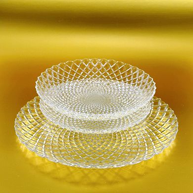Glass Plate and Bowl Set with Diamond Fan Pattern in Multiple Piece Options