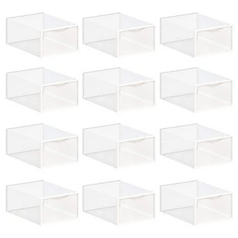 Stackable Shoe Storage, 12 Clear Plastic Boxes, Space-Saving Design