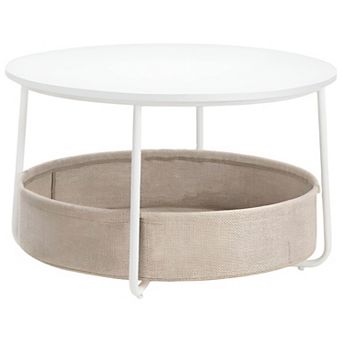 Round Coffee Table with Fabric Storage Basket for Living Room or Family Space - Matte White