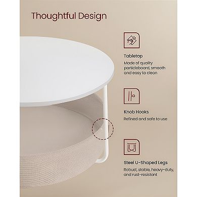 Round Coffee Table with Fabric Storage Basket for Living Room or Family Space - Matte White