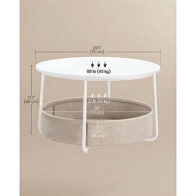 Round Coffee Table with Fabric Storage Basket for Living Room or Family Space - Matte White
