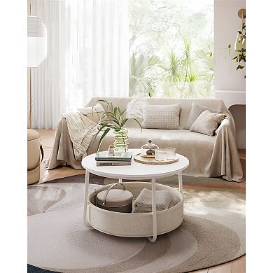 Round Coffee Table with Fabric Storage Basket for Living Room or Family Space - Matte White