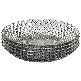 Set of 4 Clear Glass Soup Plates with Diamond Peacock-Inspired Pattern, 8-Inch Round