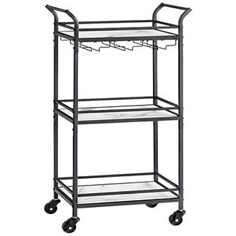 Compact Bar Cart with Marble-Pattern Shelves and Glass Racks for Kitchen or Apartment
