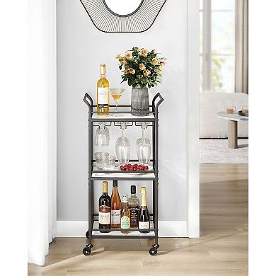 Compact Bar Cart with Marble-Pattern Shelves and Glass Racks for Kitchen or Apartment
