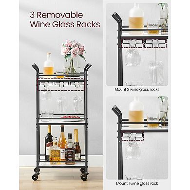Compact Bar Cart with Marble-Pattern Shelves and Glass Racks for Kitchen or Apartment