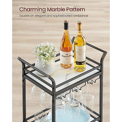 Compact Bar Cart with Marble-Pattern Shelves and Glass Racks for Kitchen or Apartment