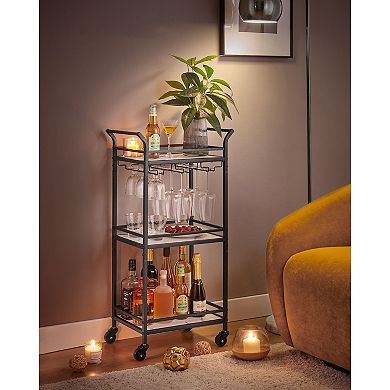 Compact Bar Cart with Marble-Pattern Shelves and Glass Racks for Kitchen or Apartment