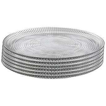 Clear Glass Dinner Plate Set of 6, 10.75-Inch Round Swirl Design with Beaded Edge