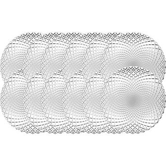 Clear Glass Dinner Plate Set of 12, 10.5-Inch Round with Diamond Pattern and Peacock Detail