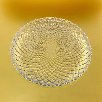 Clear Glass Dinner Plate Set of 12, 10.5-Inch Round with Diamond Pattern and Peacock Detail