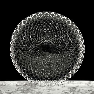 Clear Glass Dinner Plate Set of 12, 10.5-Inch Round with Diamond Pattern and Peacock Detail