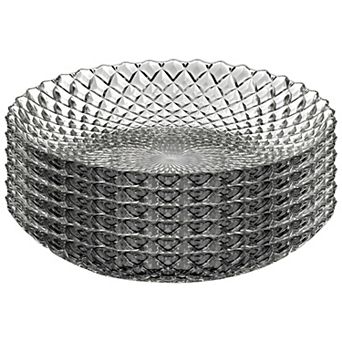 Set of 6 Clear Glass Soup Plates with Diamond Peacock-Inspired Pattern, 8-Inch Round