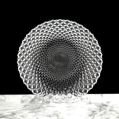 Set of 6 Clear Glass Soup Plates with Diamond Peacock-Inspired Pattern, 8-Inch Round