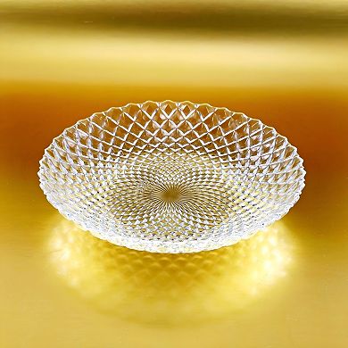 Set of 6 Clear Glass Soup Plates with Diamond Peacock-Inspired Pattern, 8-Inch Round