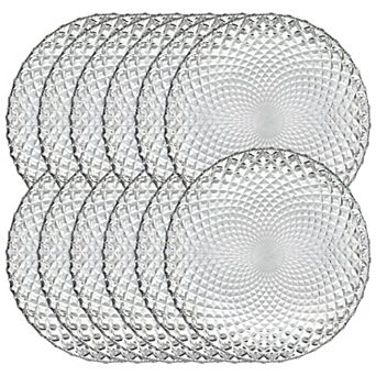 Clear Glass Salad Plate Set of 12, 7.25-Inch Round with Peacock-Inspired Diamond Pattern