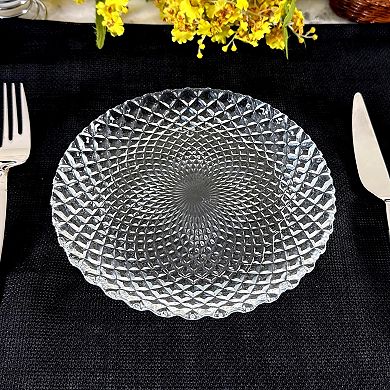 Clear Glass Salad Plate Set of 12, 7.25-Inch Round with Peacock-Inspired Diamond Pattern