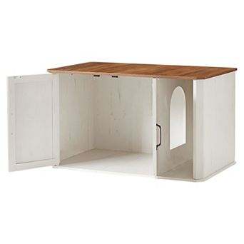 Modern Litter Box Enclosure with Storage, Honey Brown and Rustic White Finish