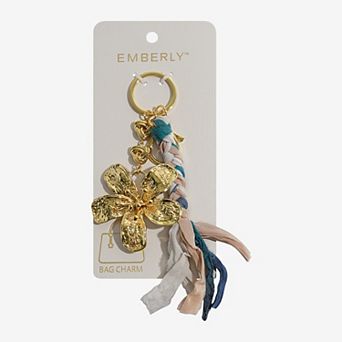 Emberly Gold Tone Chain Fabric Braid Texture Flower Bag Charm