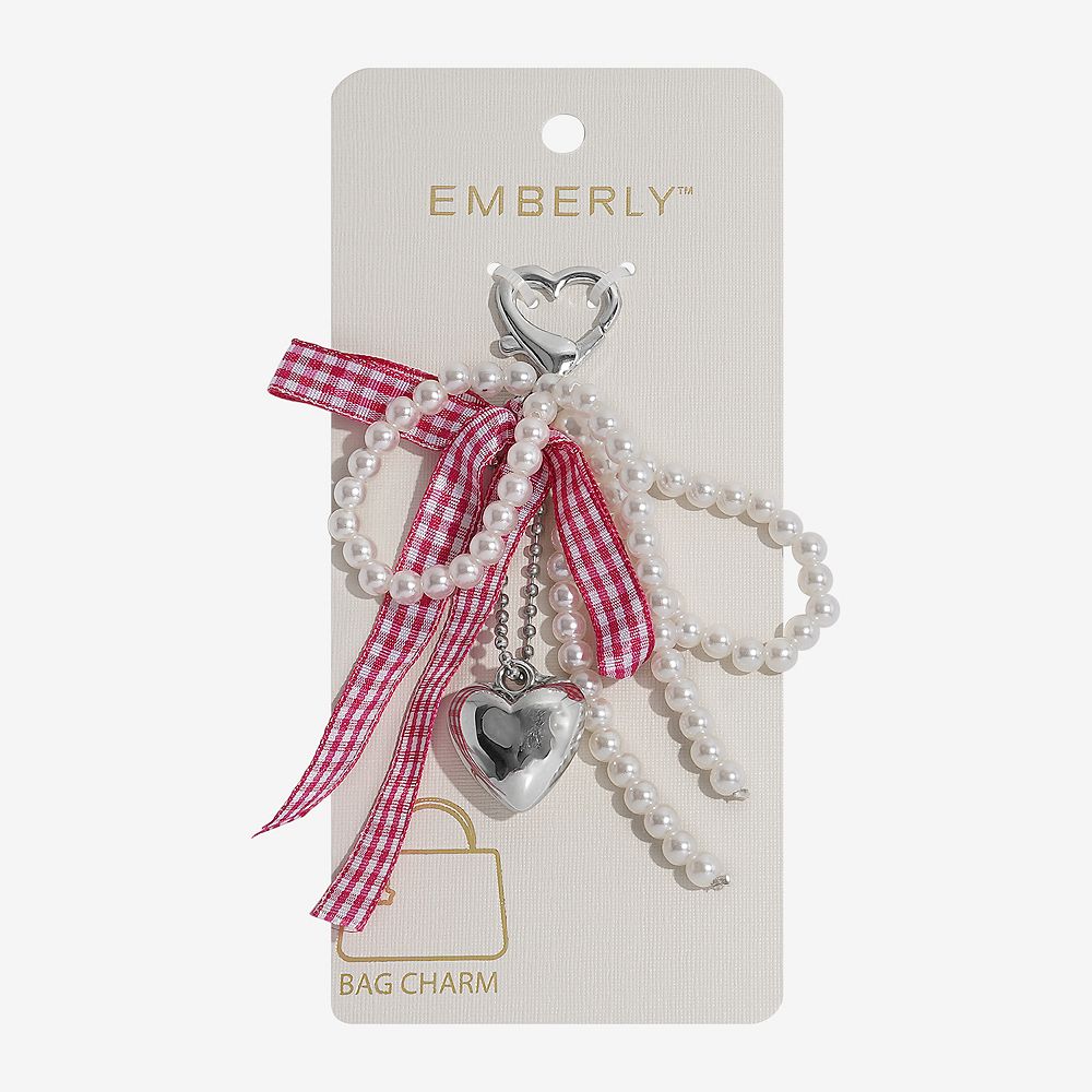Emberly Heart Check Bow Simulated Pearl Bag Charm