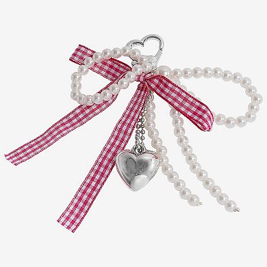 Emberly Heart Check Bow Simulated Pearl Bag Charm
