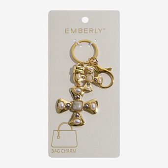 Emberly Gold Tone Simulated Pearl Brown Bead Cross Bag Charm