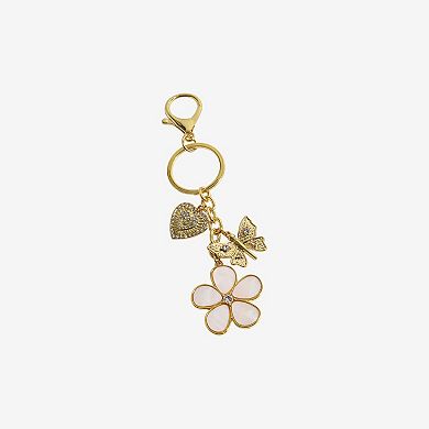 Emberly Gold Tone White Flower Heart Butterfly Bag Charm