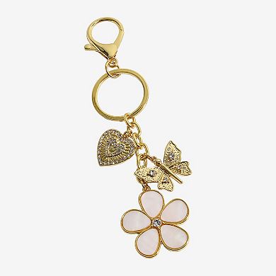 Emberly Gold Tone White Flower Heart Butterfly Bag Charm