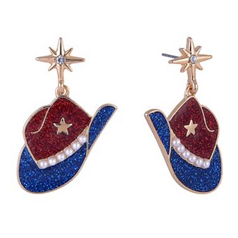 Red, White & Blue Glitter Enamel Cowboy Hat Drop Earrings