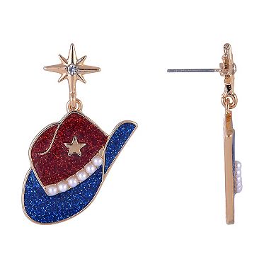 Red, White & Blue Glitter Enamel Cowboy Hat Drop Earrings