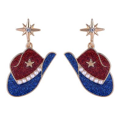 Red, White & Blue Glitter Enamel Cowboy Hat Drop Earrings