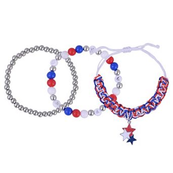 Red, White & Blue Silver Tone 3 pc Beaded & Cord Bracelet Set with Star Drops