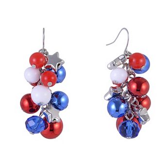 Red, White & Blue Silver Tone Ball & Star Cluster Drop Earrings
