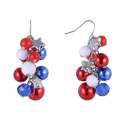 Red, White & Blue Silver Tone Ball & Star Cluster Drop Earrings