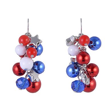 Red, White & Blue Silver Tone Ball & Star Cluster Drop Earrings