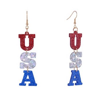 Red, White & Blue Acrylic "USA" Linear Drop Earrings